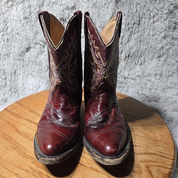 Western Kids Size 19.5 Or US 1 Burgundy Leather  Embroidered Cowboy Pointed toe - Picture 3 of 10